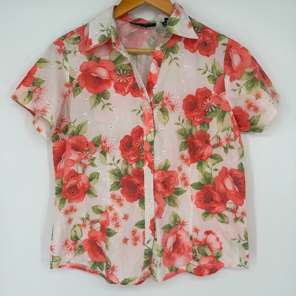 5/$25 Vintage Lemon Grass Studios floral eyelet button down spring top
